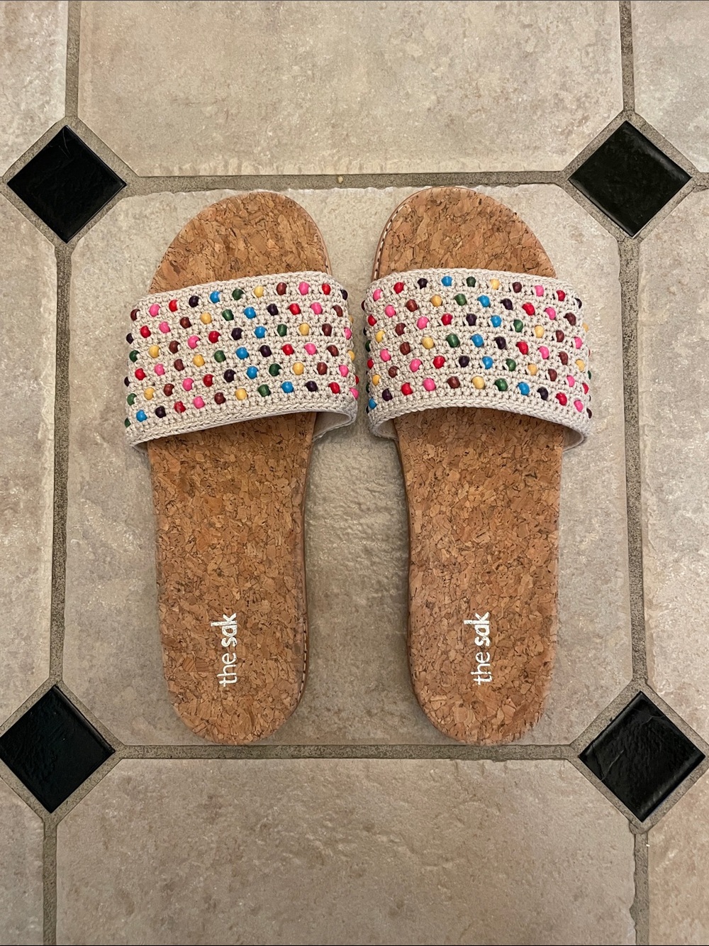 The Sak Beige Crocheted Cork Slide Sandals with Multicolor Bead Accents Size 11